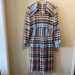Vintage 1970s Psychedelic Stripe Long Sleeve Midi Dress Medium